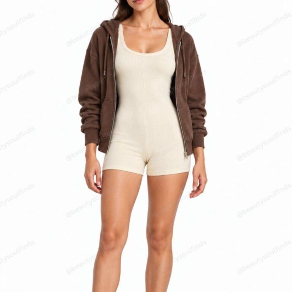SKIMS Cotton Ribbed  Romper Bone Women’s NWT Size Large Lounge Jumpsuit